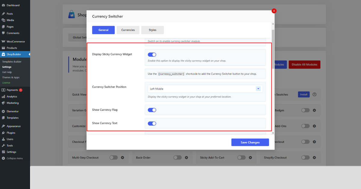Several options of currency switcher module