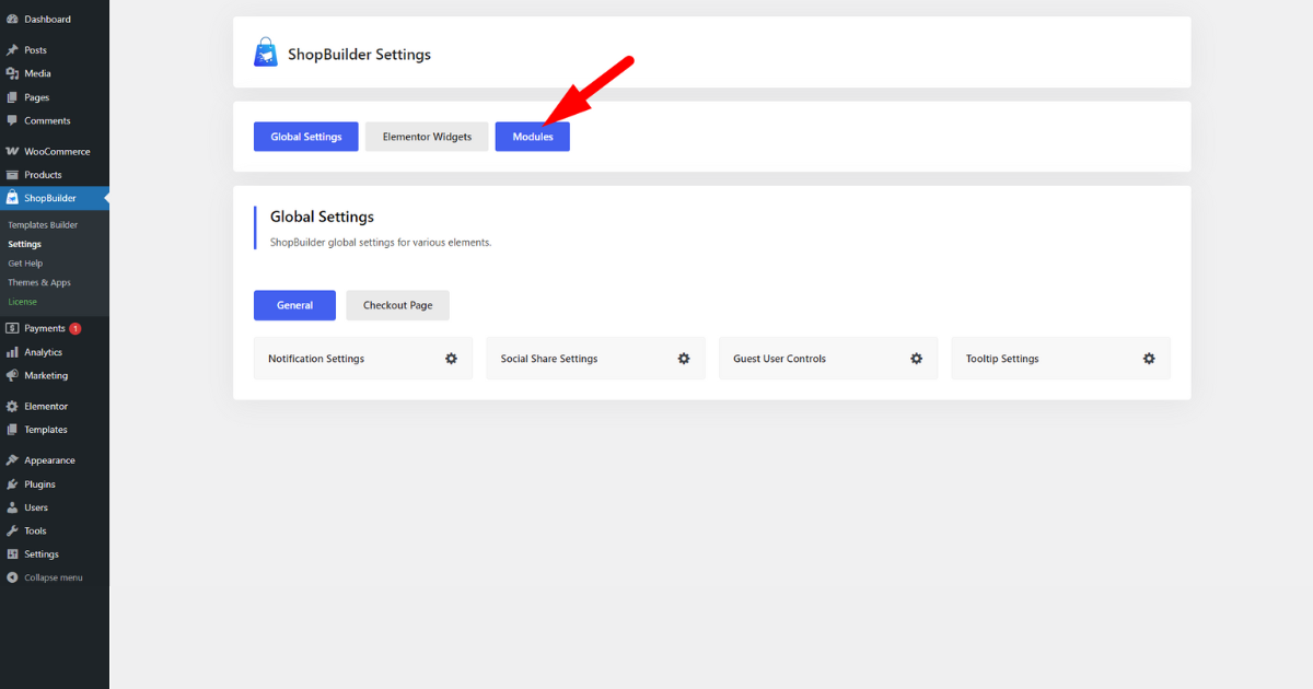 Click modules tab