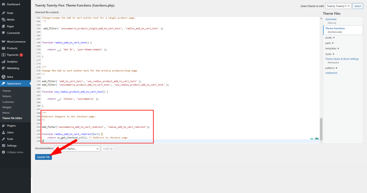 Paste code snippet and click update file button