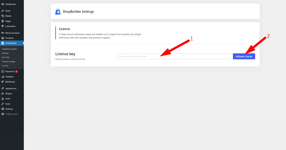Place license key and click activate license button