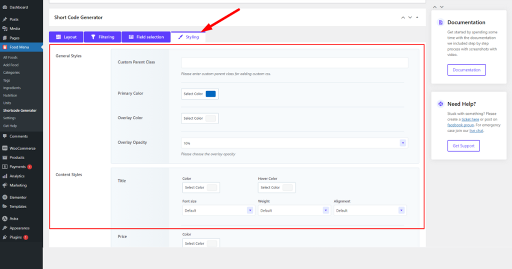 Work on the Styling tab