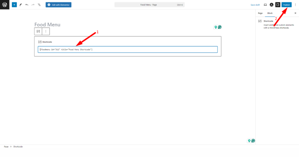 Paste the food menu shortcode into a page