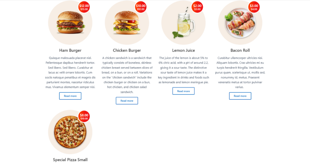 Screenshot of food menu displayed