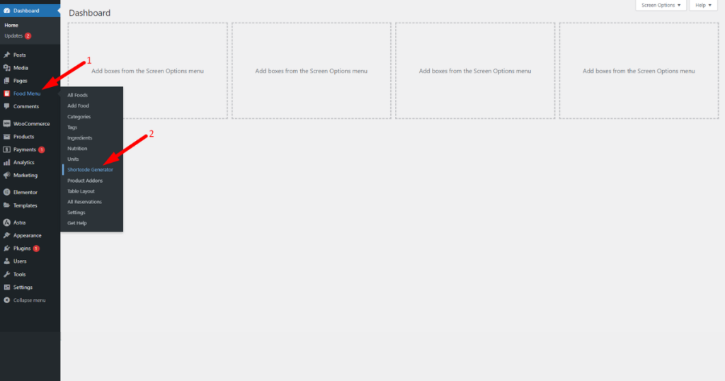 Head to the Shortcode Generator of the Food Menu