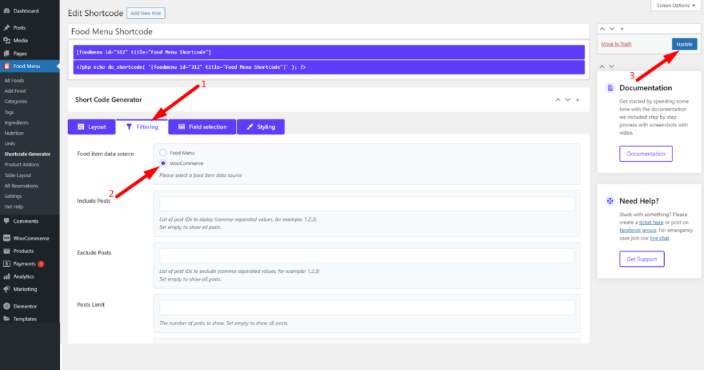 Set food item data source as WooCommerce