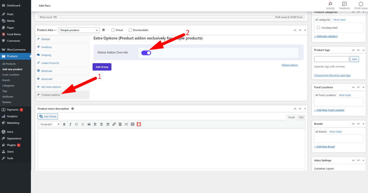 Click the product addons