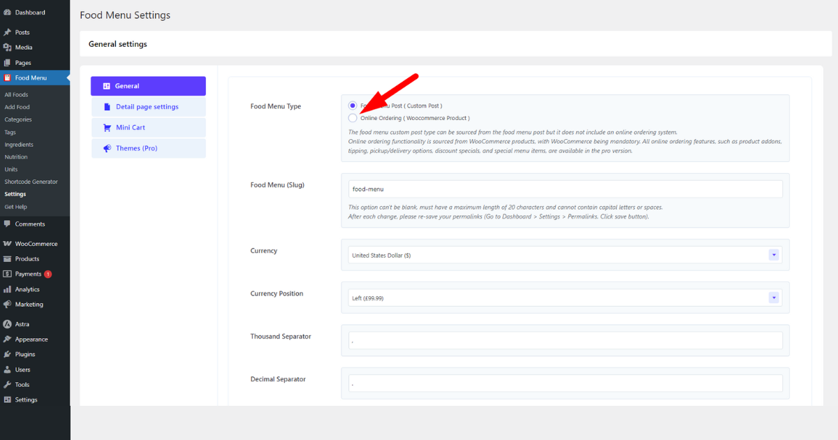 Select online ordering in Food Menu