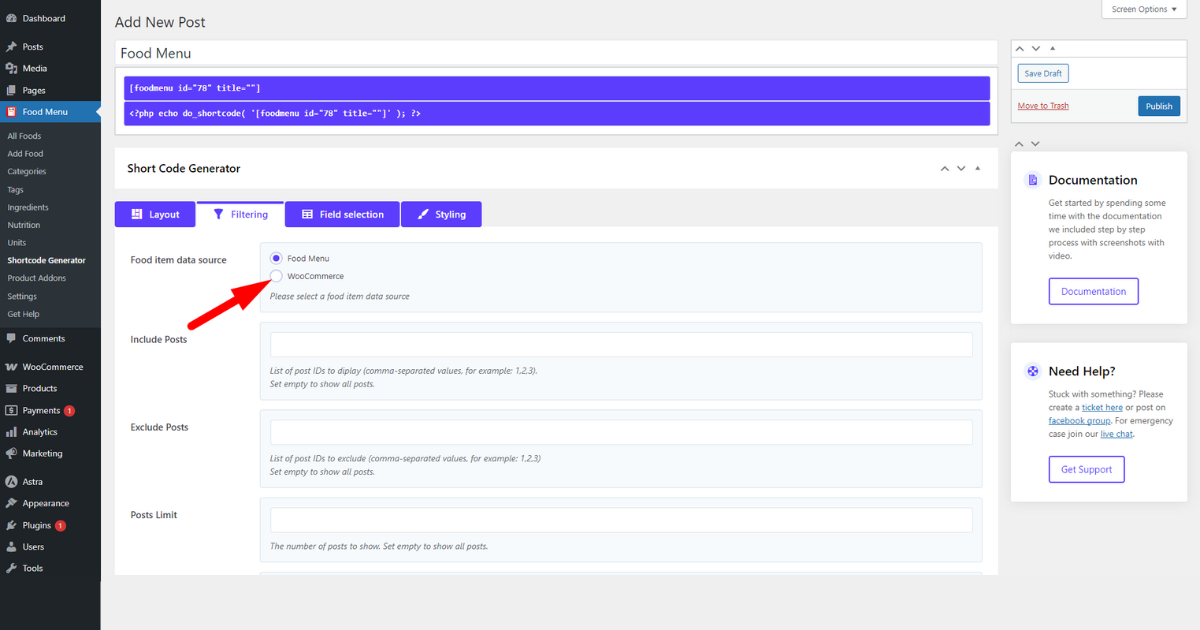 Select the food item data source in the filtering tab