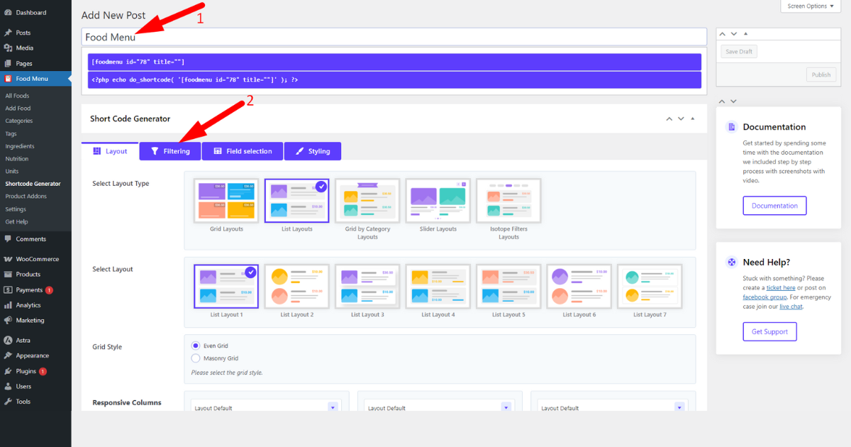 Write a shortcode title and click the filtering tab
