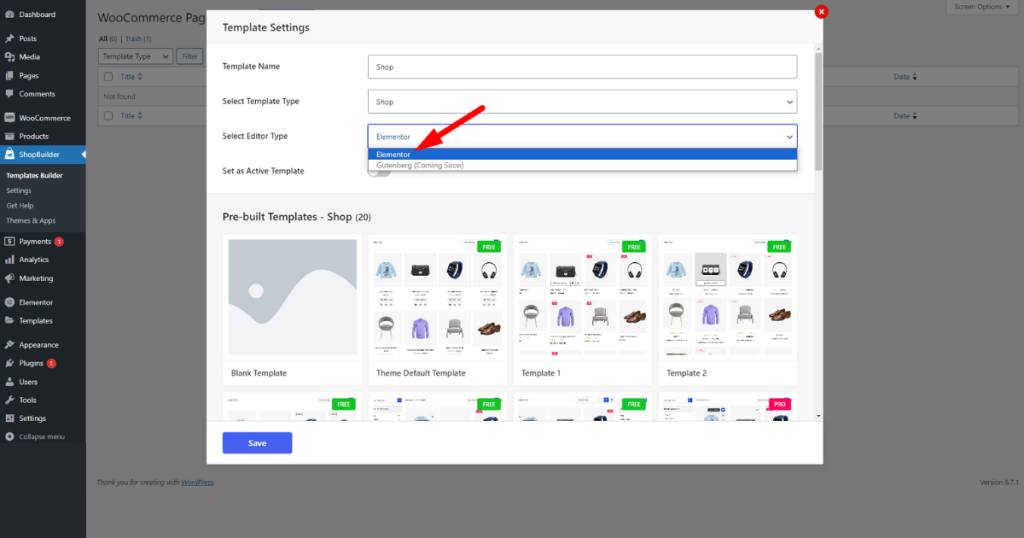 Select the editor type in the template builder