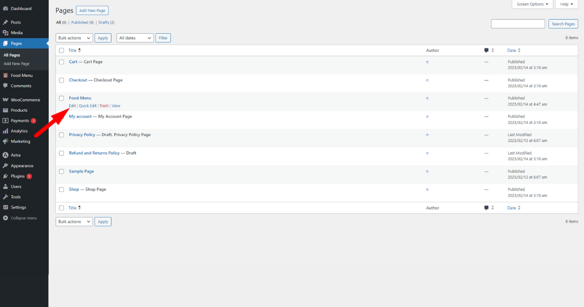 Click the edit option of a page