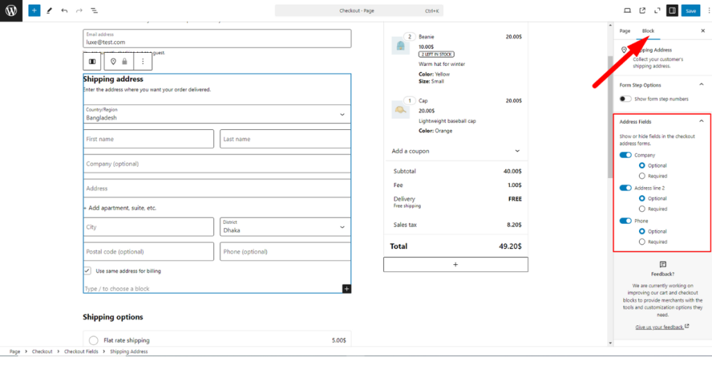 Navigate to the address fields