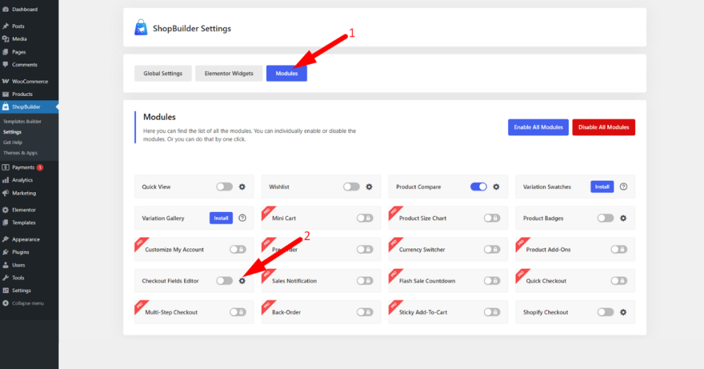 Click the checkout fields editor module