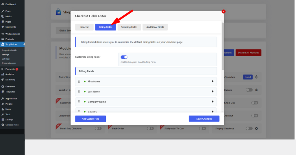 Click the billing fields tab