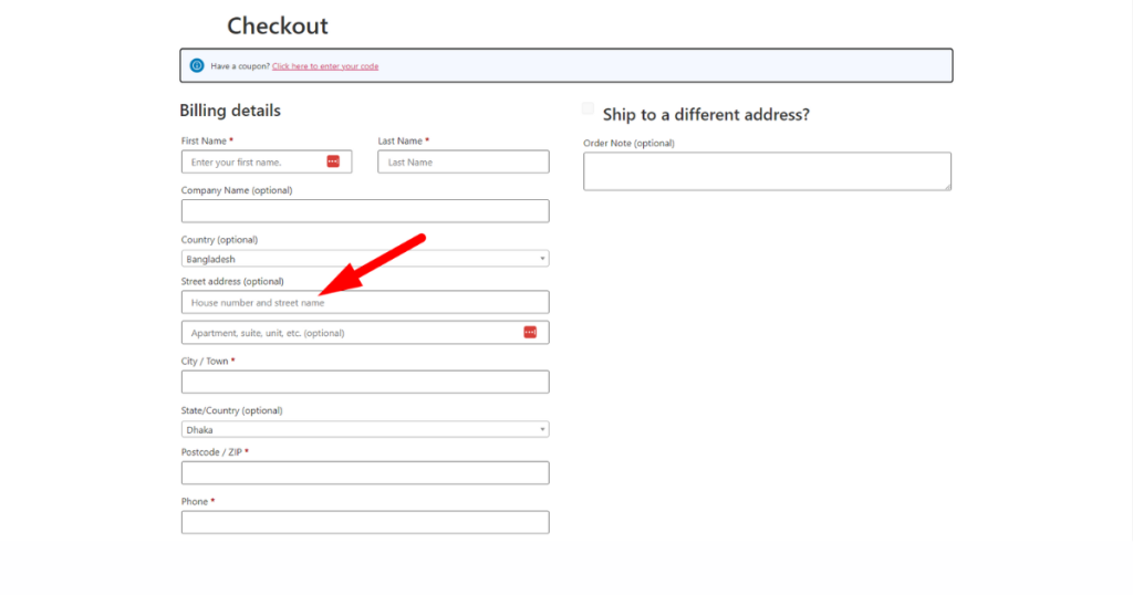 Screenshot of the street address field