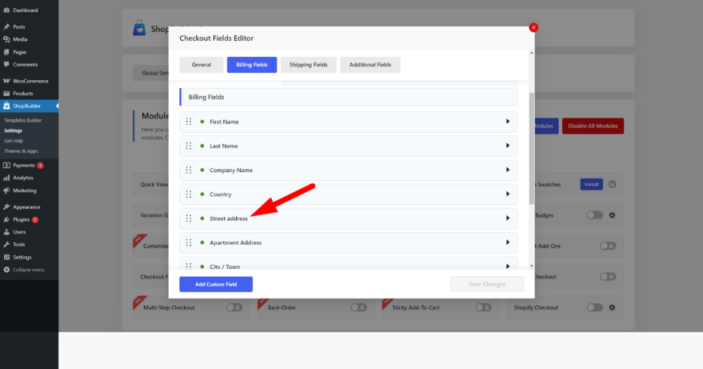 Find the street address option in the checkout fields editor