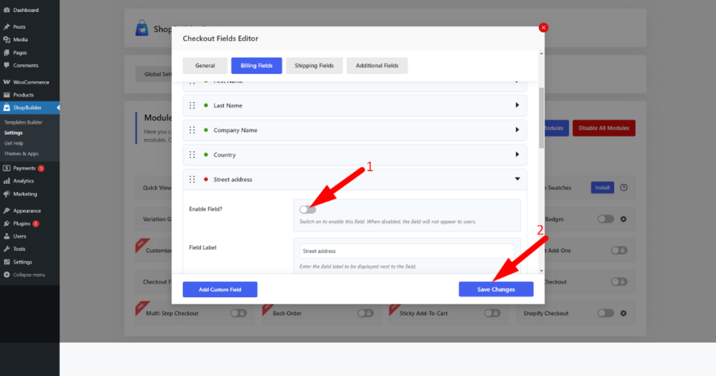 Turn off the enable field button and click the save change button