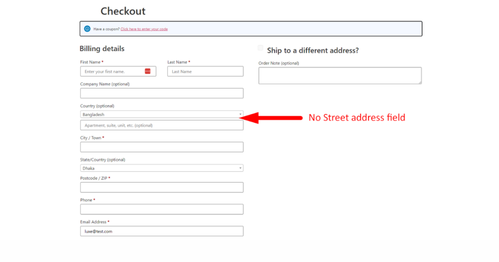 Screenshot of removed street address field from the checkout page