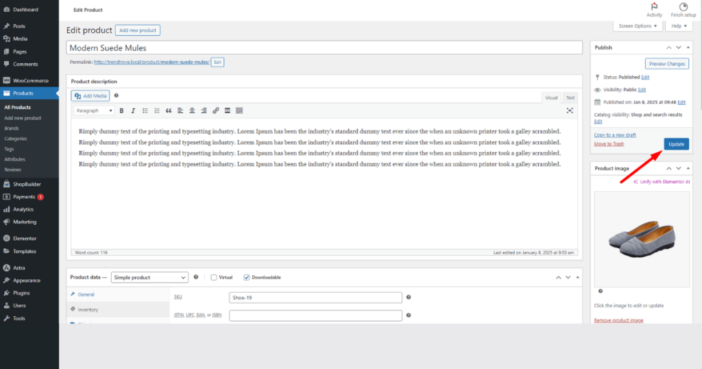Click the update button in the product editor