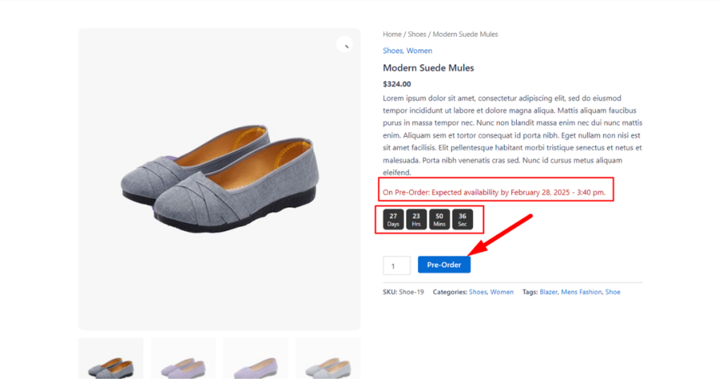 Screenshot of a product set on pre order