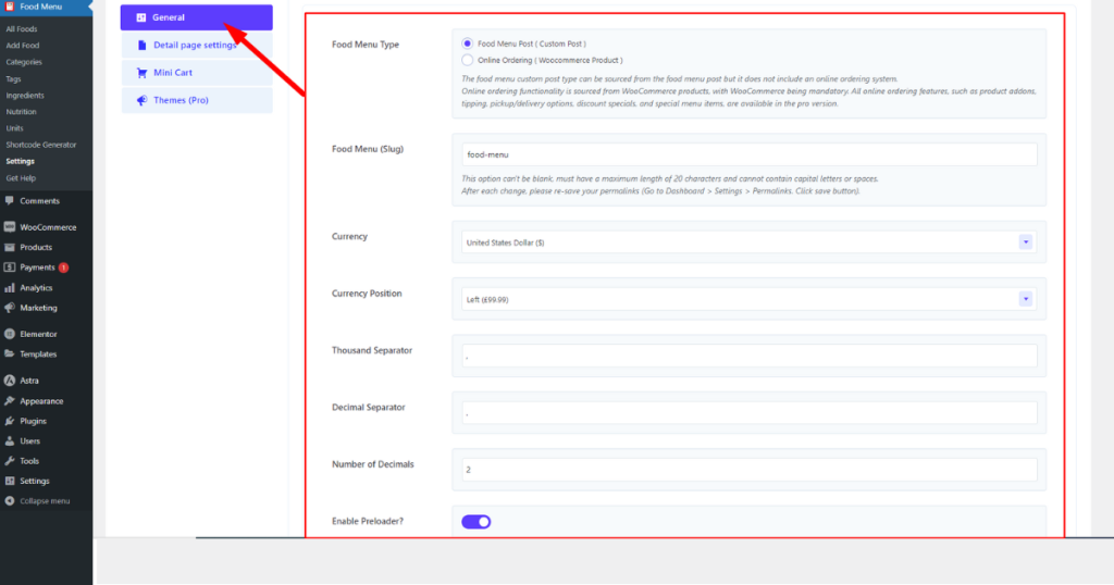 Screenshot of Food Menu general setting