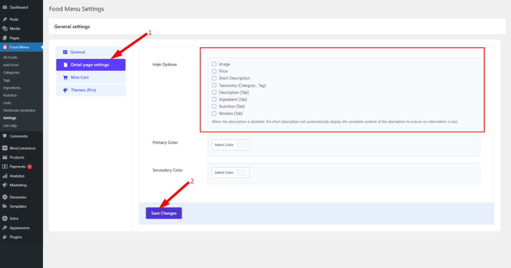 Screenshot of the detail page settings