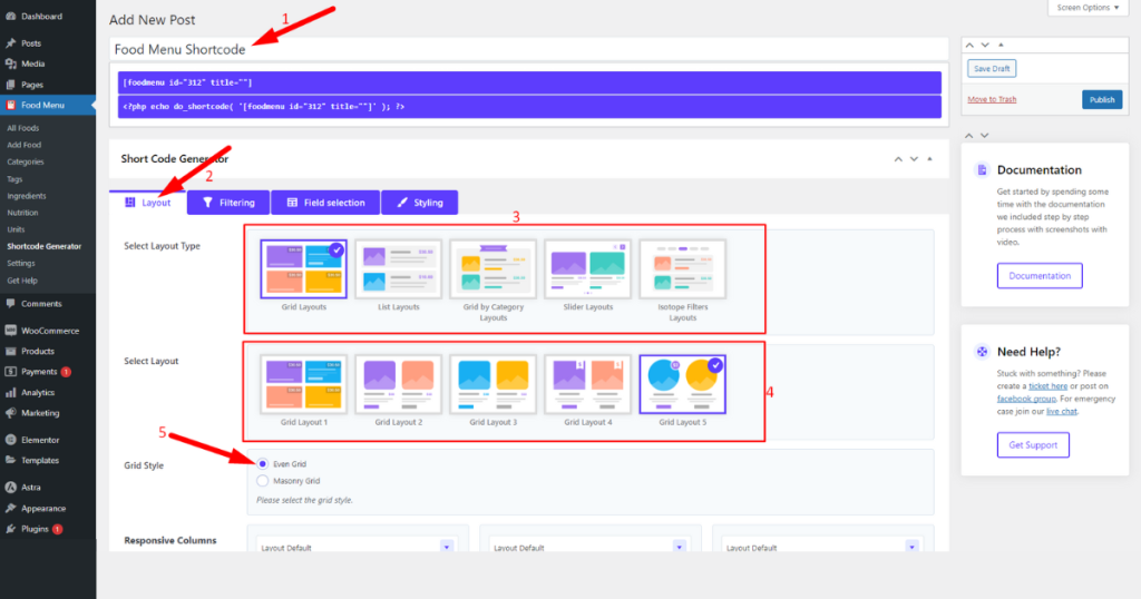 Write the shortcode title and select the layout