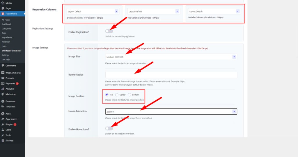 Explore responsive columns and pagination and image settings