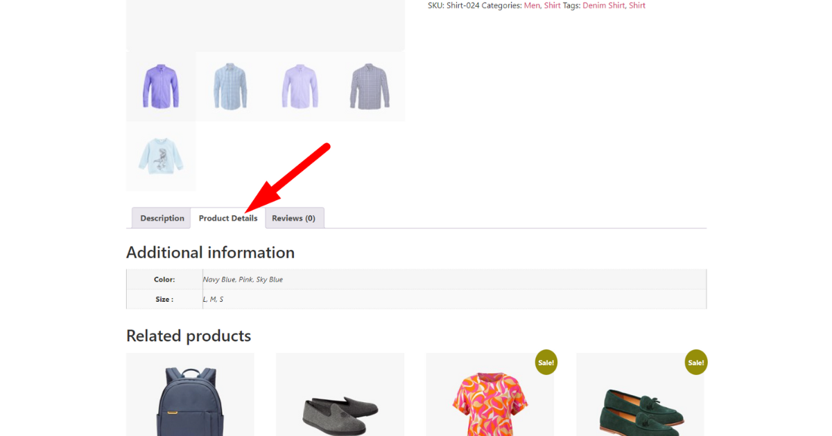 Screenshot of product details product tab