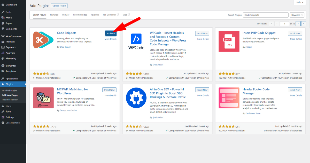 Click activate button of code snippets