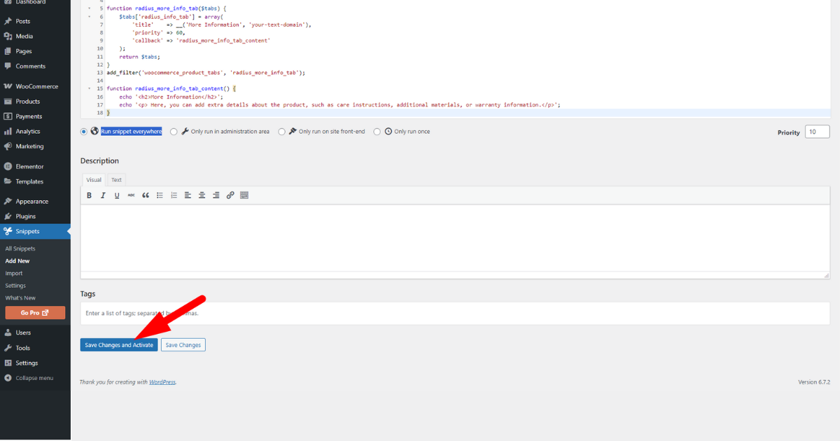 Click save changes and activate button of code snippets