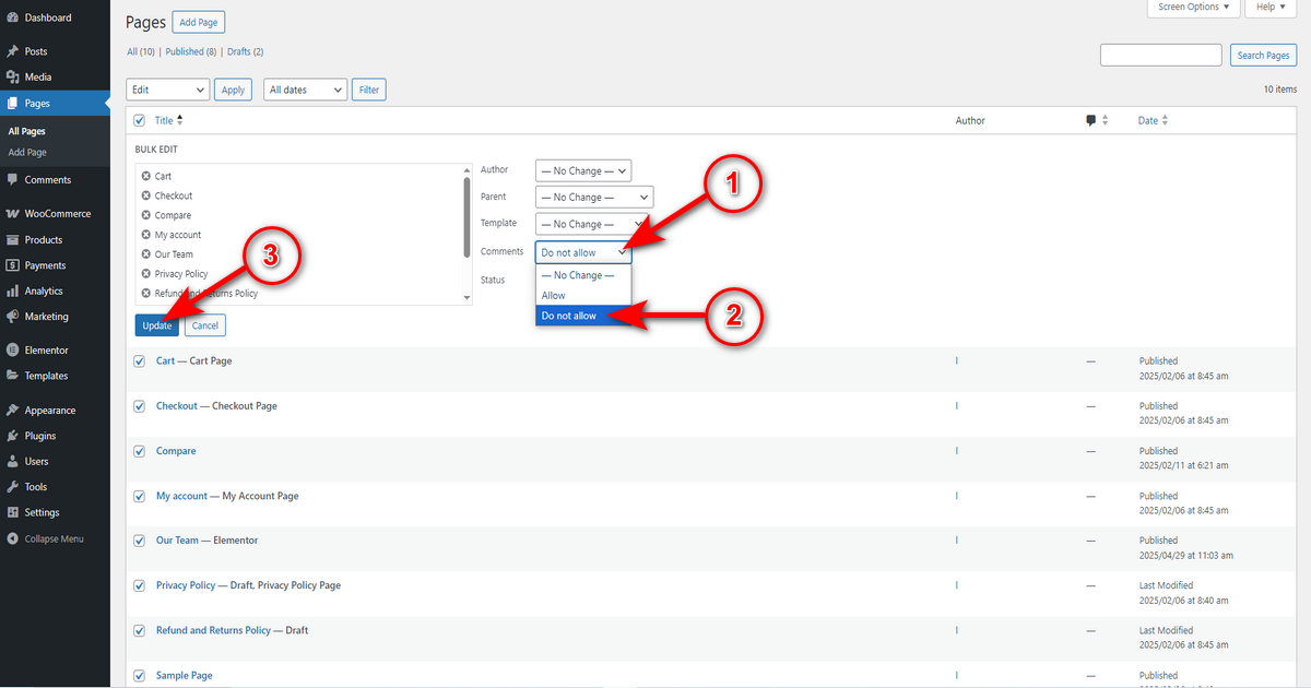 Select do not allow from the comments dropdown menu