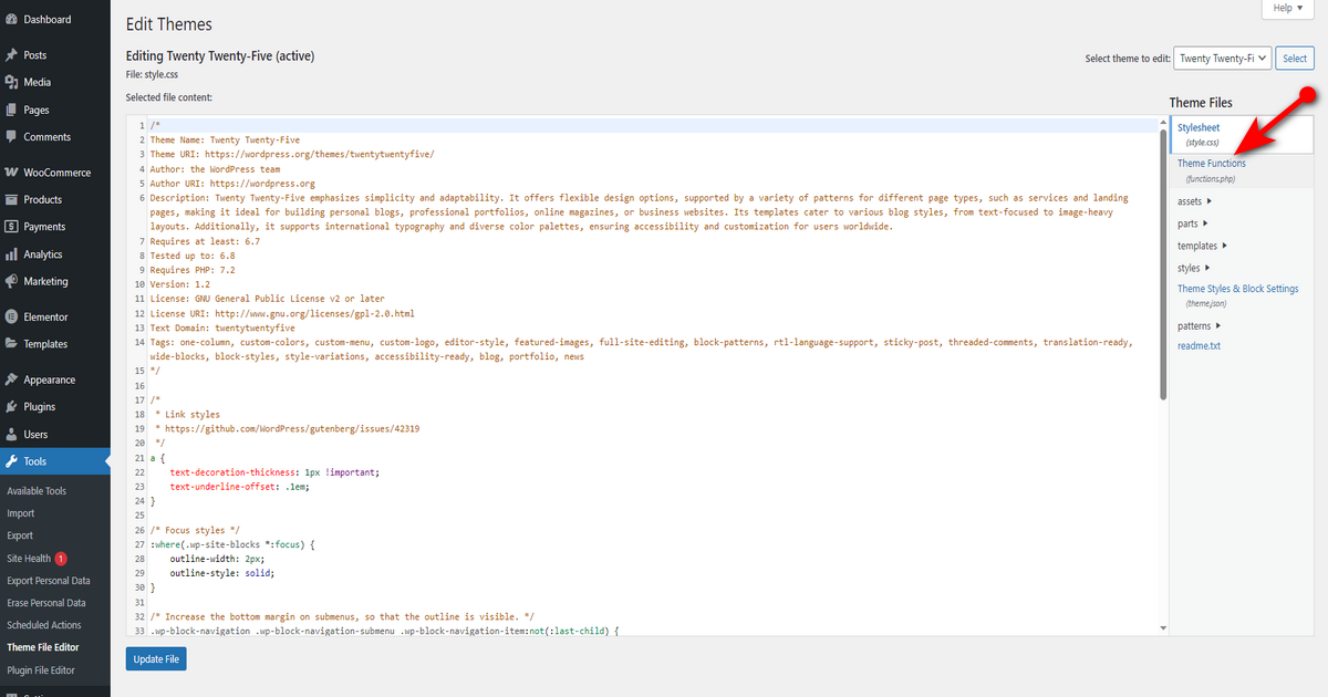 Click functions php file