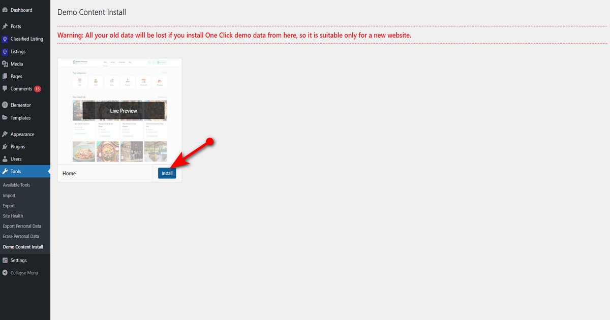 Hit install button of demo content