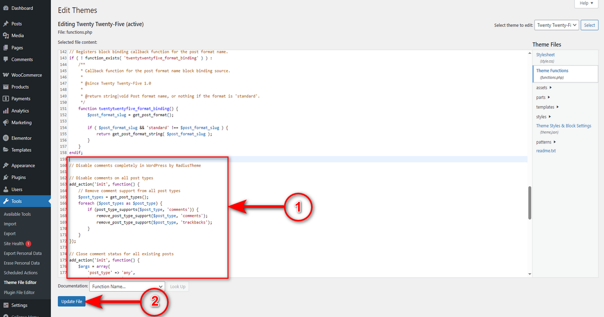 Paste the code and update the file
