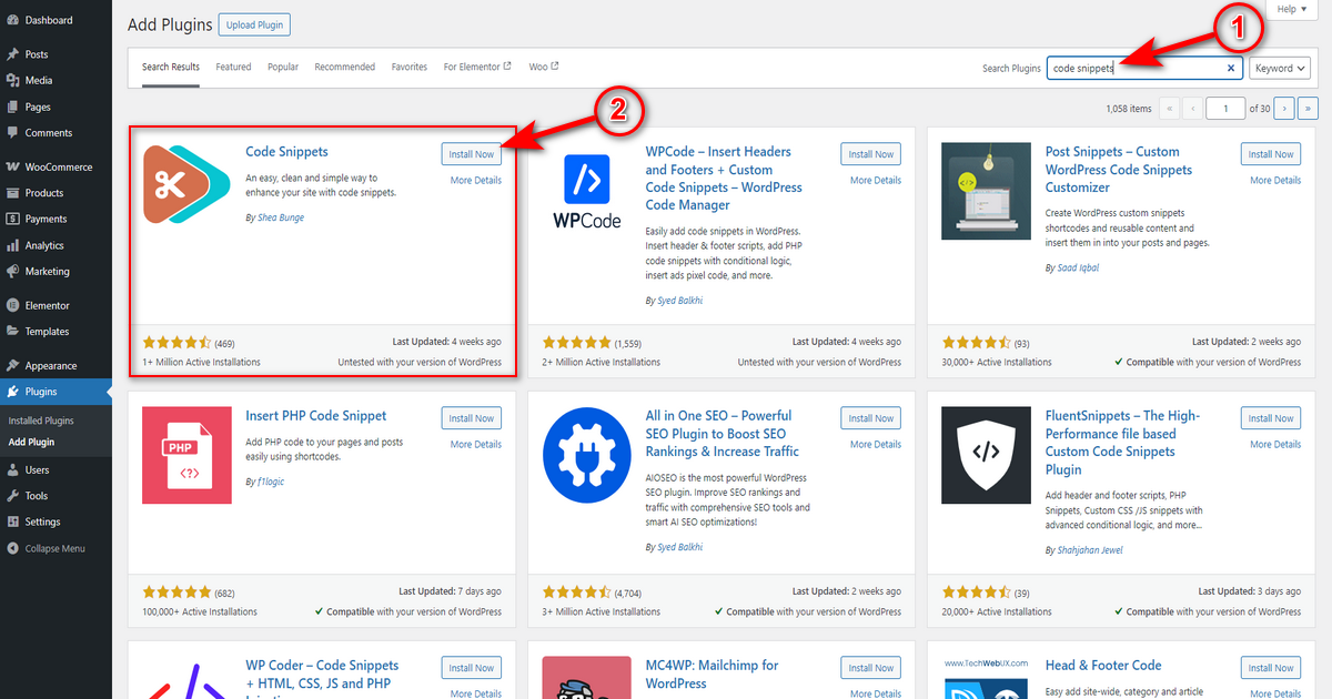 Press install now button of code snippets