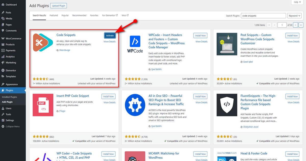Click activate button of code snippets