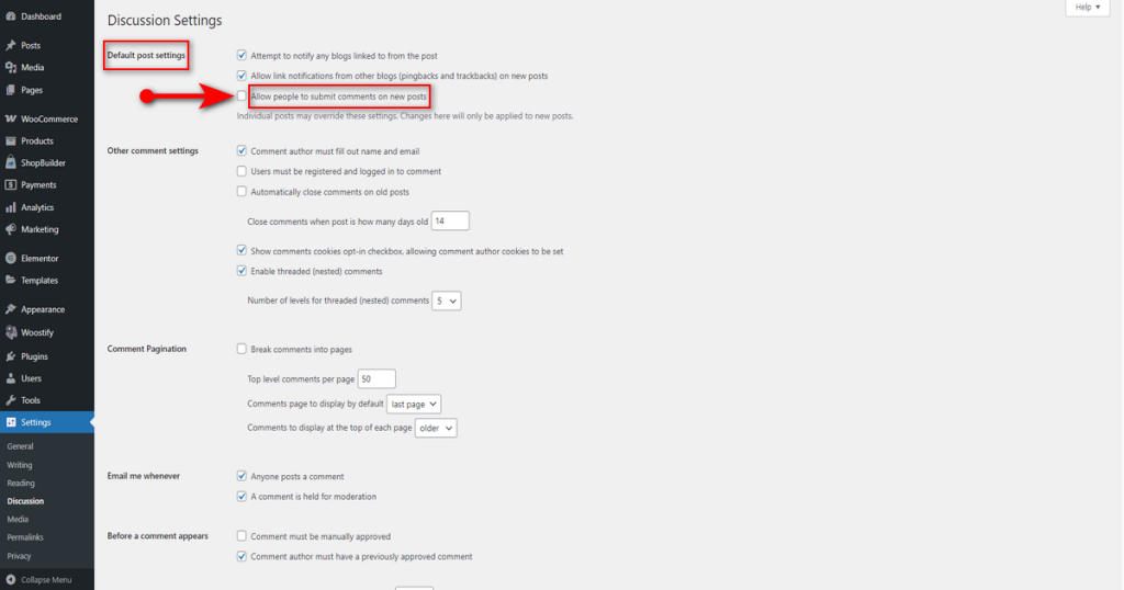 Uncheck allow comments on new post