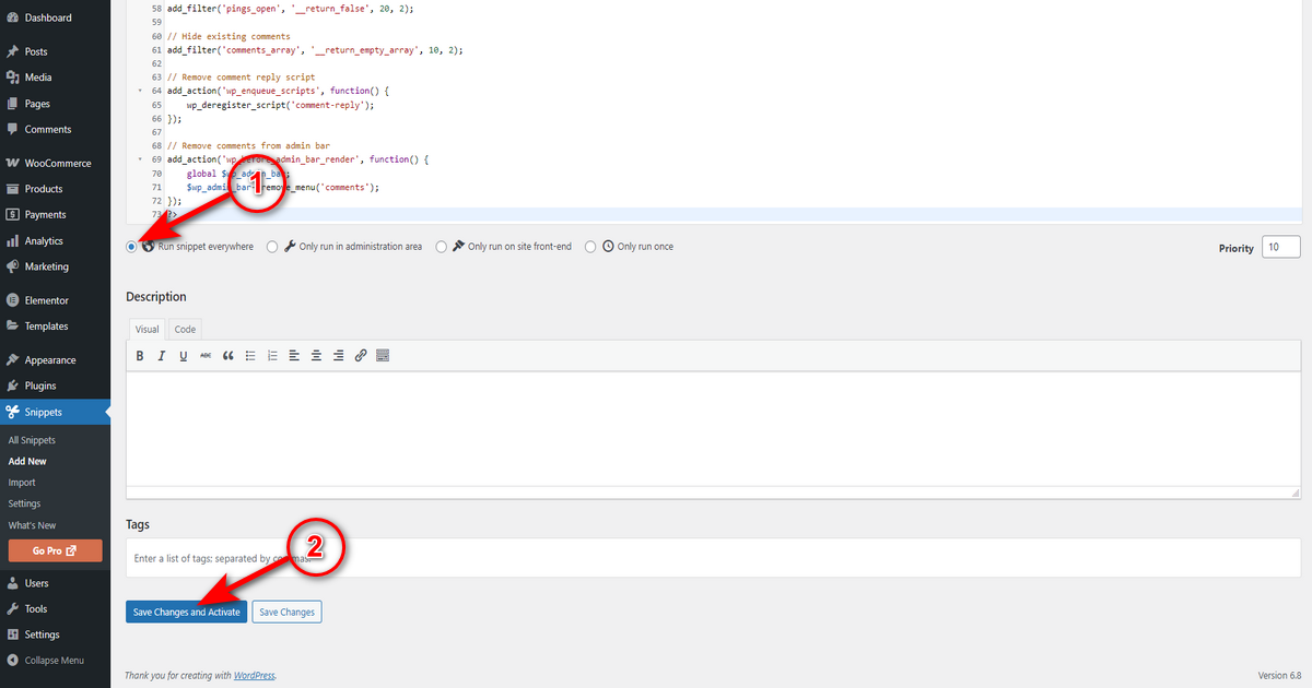 Save the changes on code snippets