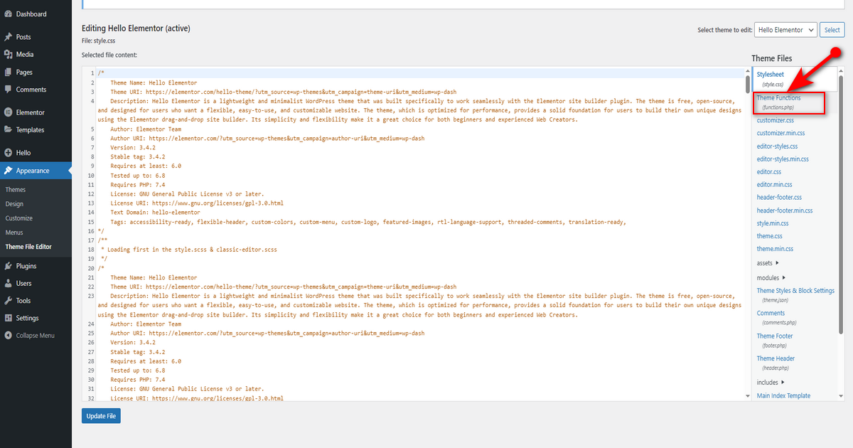 Hit functions php file