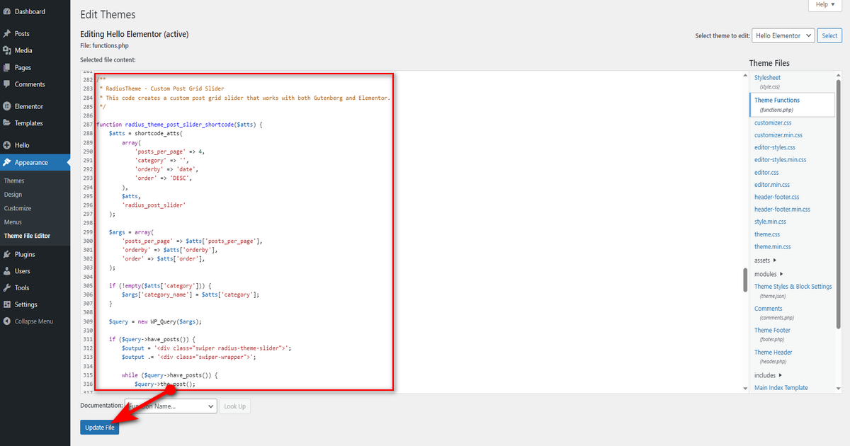 Insert the code and update theme function file