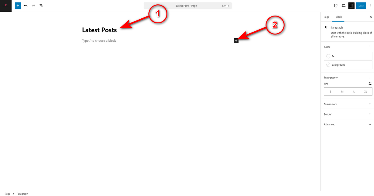 Write page title and click block inserter