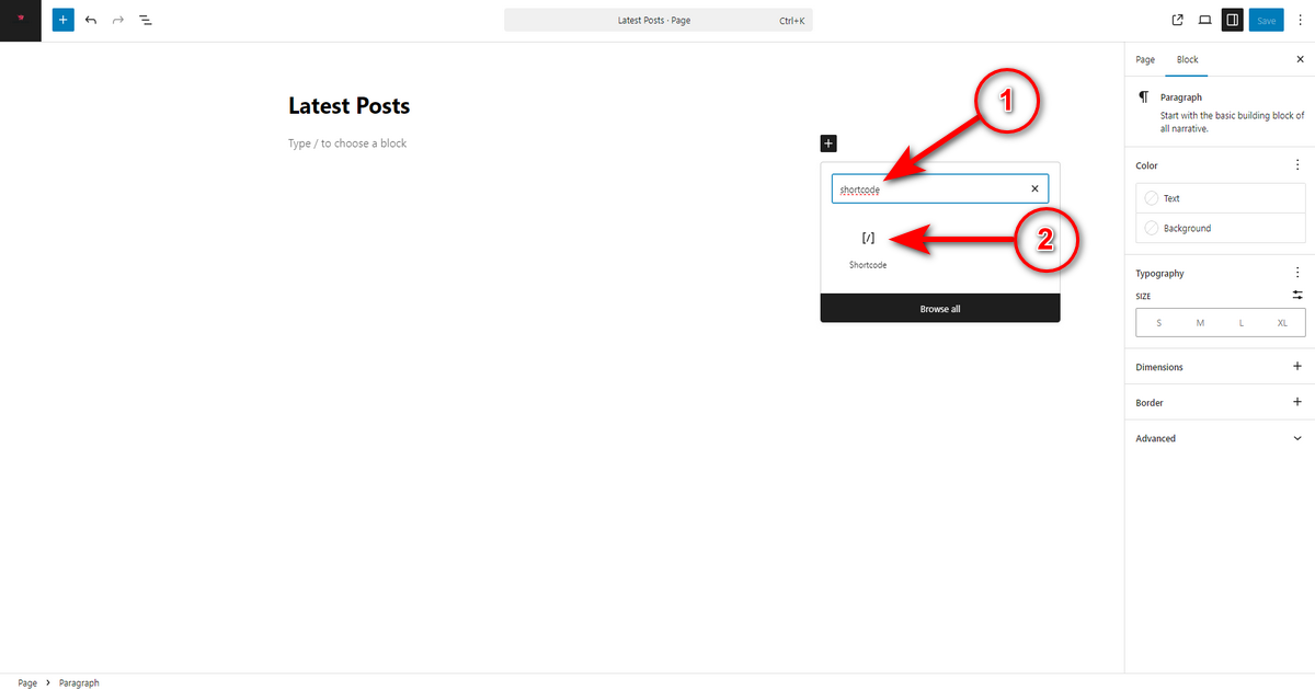 Search for shortcode block inside the block inserter
