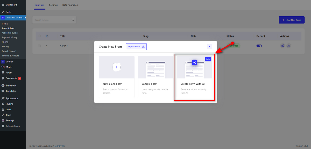 Select create form with AI card