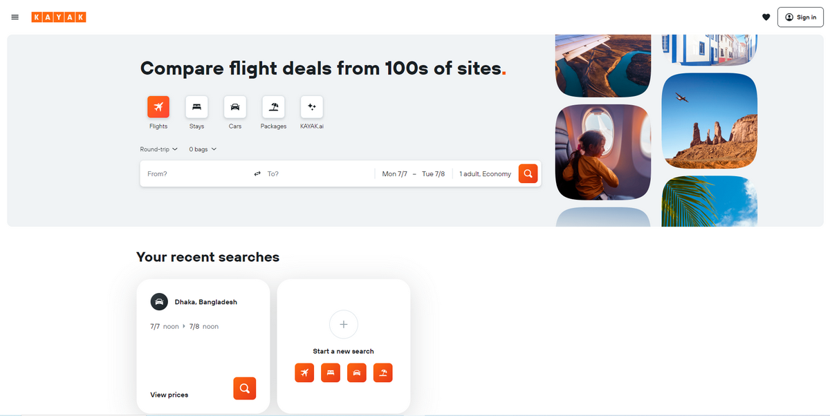 Screenshot of Kayak Homepage