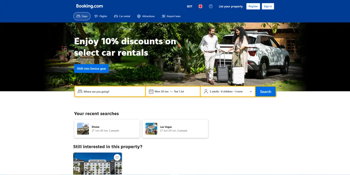 Screenshot of Booking Homepage