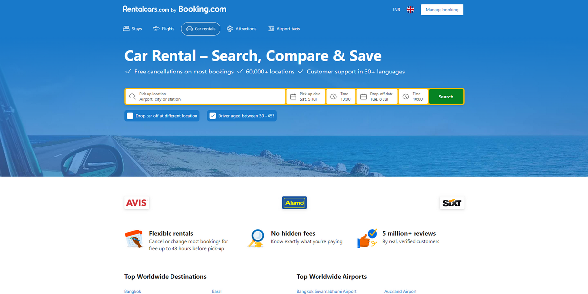 Screenshot of Rentalcars Homepage
