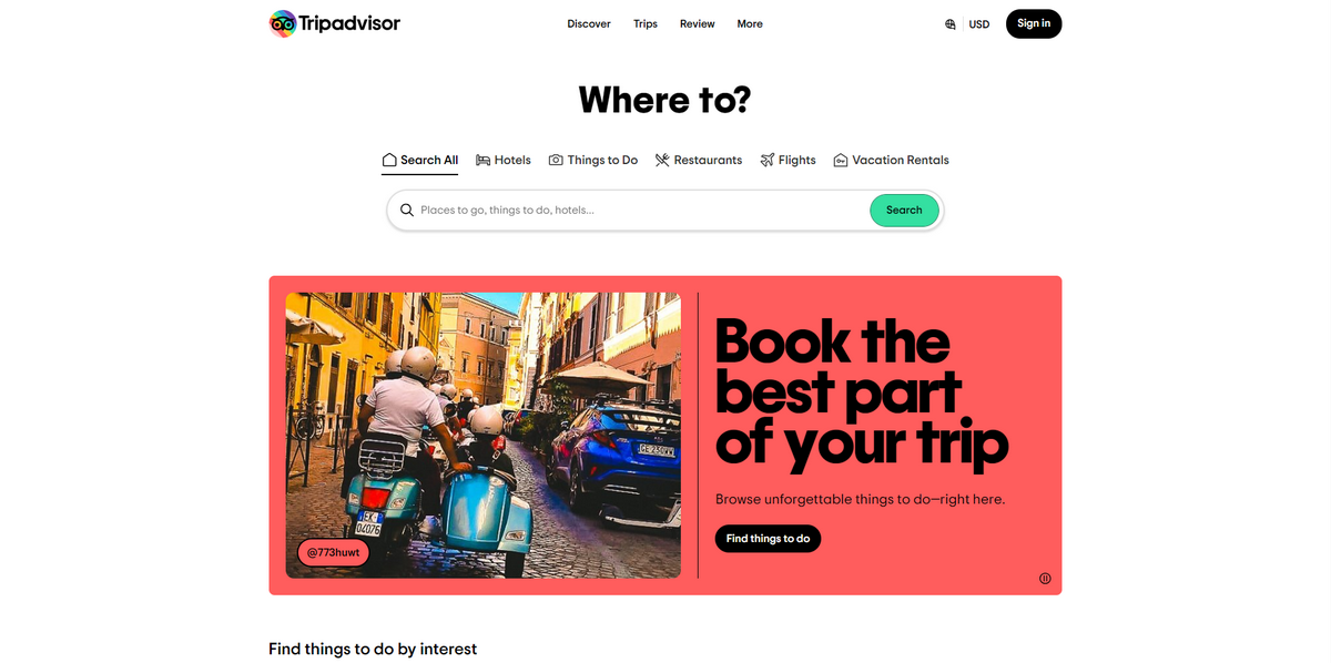 Screenshot of Tripadvisor homepage
