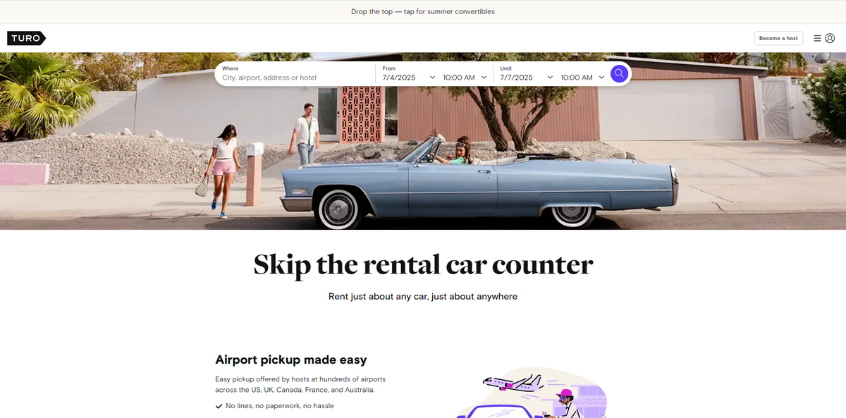 Screenshot of Turo Homepage