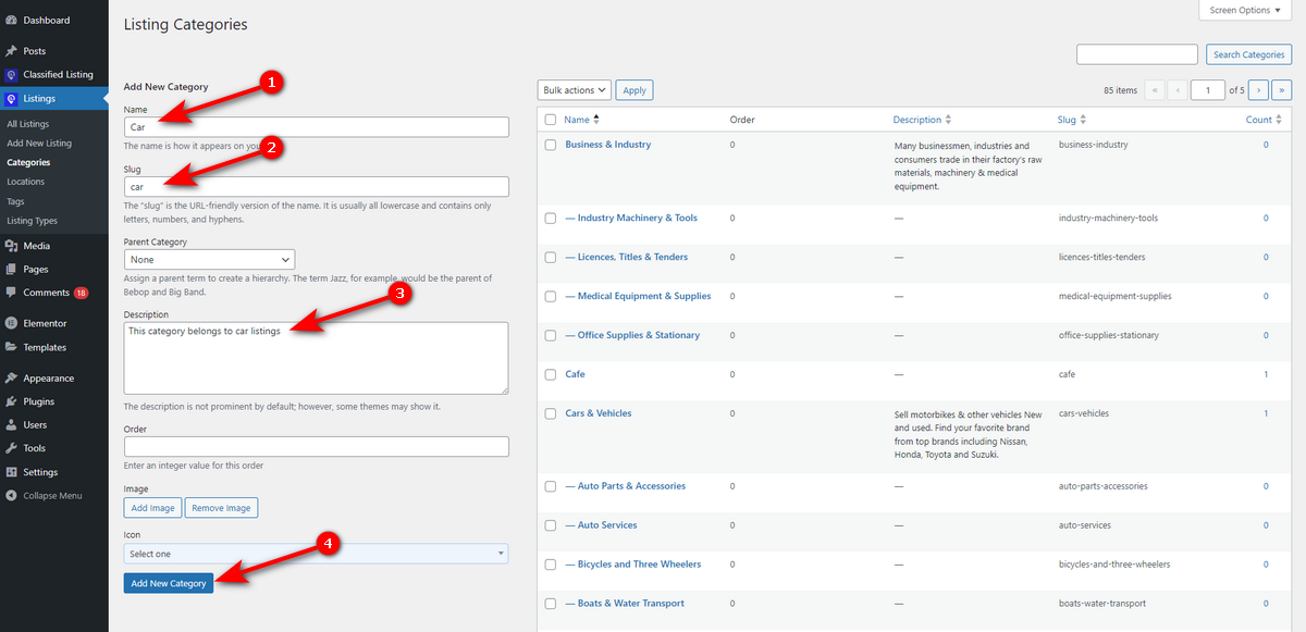Create a listing category